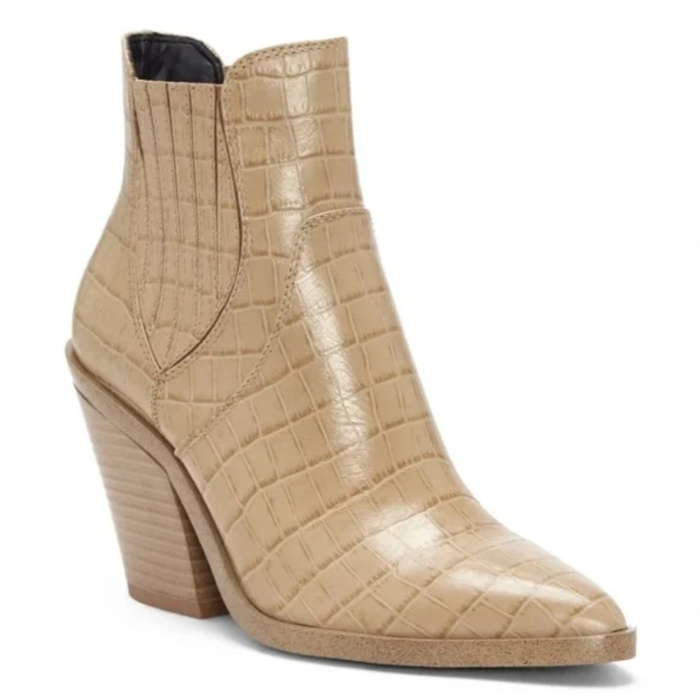 Rebecca Minkoff Sabana Croc-Embossed Spring Chic Leather Western Booties Sabbia